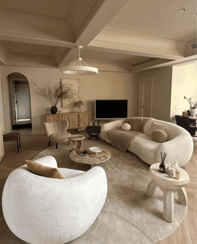 Modern villa living room furnished with custom pieces sourced from China by Lisa’s service